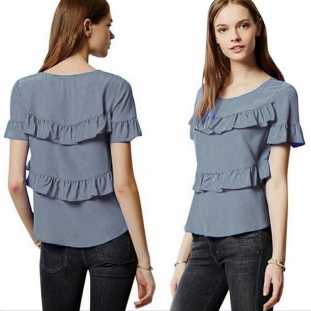 {HD in Paris} Gray Silk Ruffle Blouse by Anthropologie